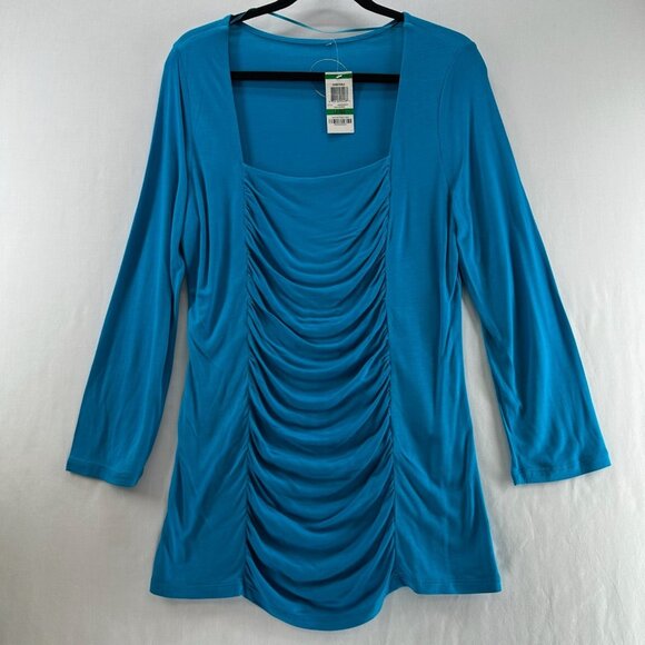 INC International Concepts Tunic Top Womens L Long Sleeve Square Neck Aquamarine - Picture 1 of 10